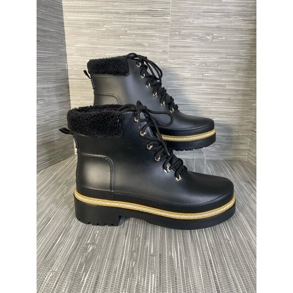 Marc Fisher LTD Womens Fairly Winter Boots Black Fur Trim Ankle Lace Up 10 M New - Picture 1 of 9